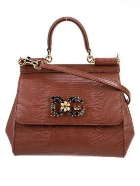 Dolce & Gabbana Brown Lizard-Embossed Sicily Top Handle Bag with Jeweled DG